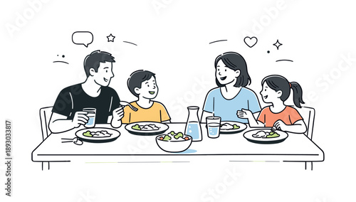 Warm Family Dinner. Family dinner time. Parents and children sitting at the table with plates and glasses, relaxed conversation and smiles. Clean editorial