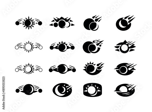 Astronomical Event Icons. Astronomical events like solar eclipses and meteor showers. Icon set. Set Logo of astronomical events like solar eclipses and meteor