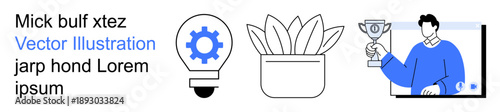 Creativity, achievement, business, success, innovation, sustainability. Lightbulb with gear, plant and trophy in minimal style. Creativity and achievement conceptual