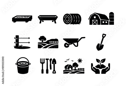 Rural Farming Icons. Rural farming equipment. Solid icon set of Rural farming equipment: water trough, feeding trough, hay bale, barn building, fence post,