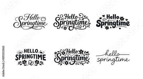 Springtime Lettering Styles. Hello Springtime. Set lettering. harmonious lettering variations of the same emblematic concept, each with different artistic