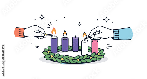 Lighting Advent Candles. People lighting Advent candles together. Hands carefully lighting candles one by one on a simple wreath. Mindful ritual and shared