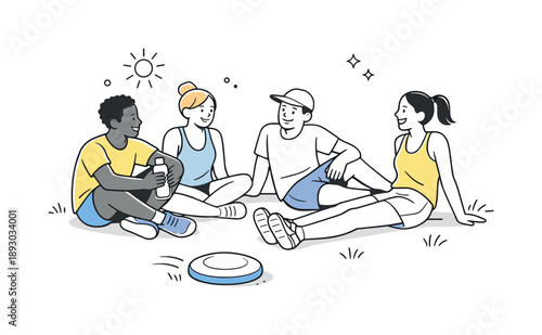 Frisbee Summer Vibes. Group playing frisbee summer vibe. Players relaxing after a short game with the frisbee nearby. Easygoing mood and shared enjoyment.
