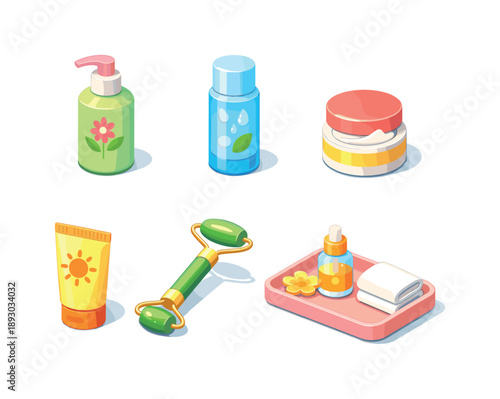 Spring Skincare Icons. Spring Skincare. Isometric flat vector icons set of spring skincare: gentle cleanser bottle, hydrating toner, face cream jar, sunscreen