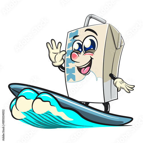cute milk carton mascot character with straw surfing riding the waves, isolated vector illustration, work of hand drawn