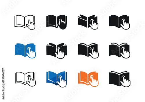 Interactive Textbooks Icons. Interactive textbooks. Icon set. Set Logo of Interactive textbooks: open book with touch gestures. harmonious logo variations of