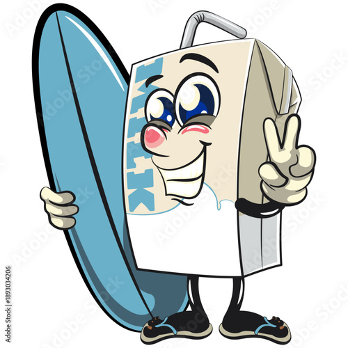 cute milk carton mascot character with straw with surfboard and gave a peace sign, isolated vector illustration, work of hand drawn
