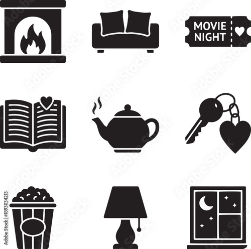 Cozy home night icons including fireplace sofa cinema ticket book teapot key heart popcorn lamp and window for comfortable evening leisure concepts