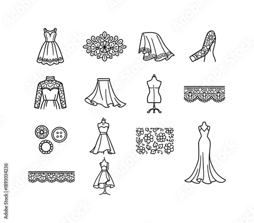 Elegant Lace Icons. Elegant Lace Fashion. Line icon set of Elegant Lace Fashion: vintage lace dress, intricate floral motif, sheer fabric detail, long lace