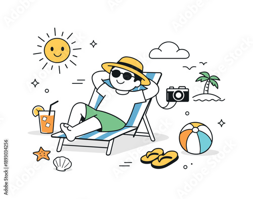 Summer Vacation Bliss. Summer leisure. A friendly character enjoying vacation moments with sun elements and light activity. The atmosphere feels warm, slow,