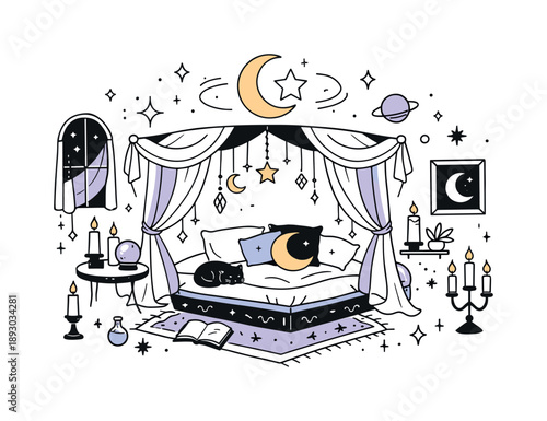 Whimsigoth Magic Retreat. Whimsigoth aesthetic. A dreamy interior with candles, stars, moons, and flowing fabrics creates a mystical yet cozy atmosphere. The