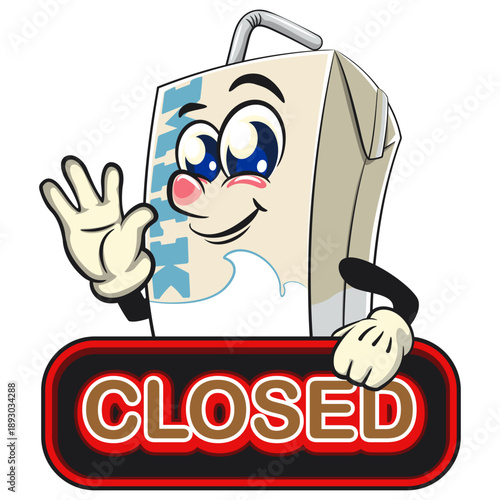 cute milk carton mascot character with straw showing a sign that says closed while waving his hand, isolated vector illustration, work of hand drawn