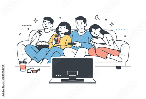 Cozy Movie Night. People watching movies. A cozy editorial scene of friends or family sitting together on a couch, watching a movie with relaxed postures and