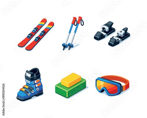 Ski Equipment Icons. Ski Equipment. Isometric flat vector icons set of Ski Equipment: carving skis, ski poles pair, ski bindings set, ski boots, ski wax block,