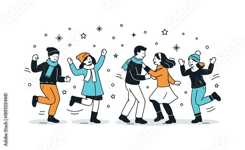Snowy Dance Night. People dancing in falling snow night. Dancers surrounded by softly falling snow under evening sky, peaceful festive mood and gentle motion.
