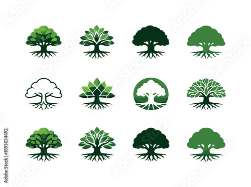 Reforestation Logo Set. Reforestation. Icon set. Set Logo of reforestation: abstract tree canopy. harmonious logo variations of the same emblematic concept,