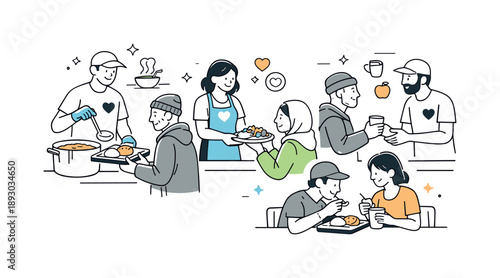 Shelter Meal Service. Volunteering at shelter meal service. Volunteers serving food to people in need, gentle interaction and respectful distance. Compassion,