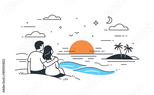 Serene Sunset Couple. Couple at sunset overview. A calm editorial scene showing a couple standing or sitting together watching the sun set over a landscape or