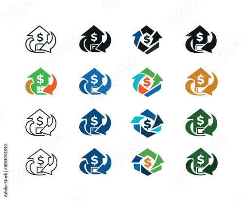 Interest Rates Icon Set. Interest rates and bonds. Icon set. Set Logo of Interest rates and bonds: interest arrow loop. harmonious logo variations of the same