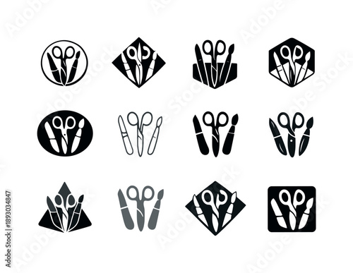 Nail Care Icons. Personal hygiene. Icon set. Set Logo of personal hygiene: nail care tools. harmonious logo variations of the same emblematic concept, each