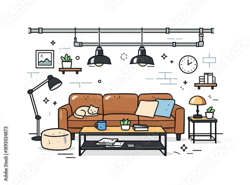 Industrial Cozy Living Room. Neighborhood market shopping. People walk between small stalls with fruits, bread, and flowers displayed neatly. Slow pace,