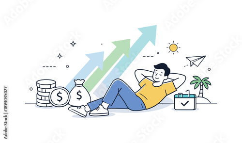 Peaceful Financial Freedom. Financial freedom concept. A relaxed character enjoys free time near minimal money icons and smooth upward arrows, symbolizing