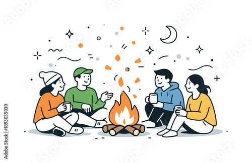 Bonfire Night Chat. Bonfire gathering. A group of simple characters quietly chatting near a bonfire under the night sky. Floating sparks and abstract shapes