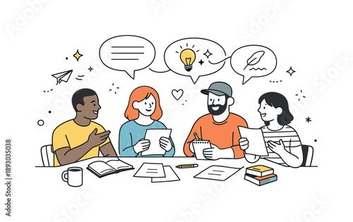 Poetry Exchange Session. Creative writing and poetry sections workshop. A friendly group scene of people sharing poems and notes around a table, speech bubbles