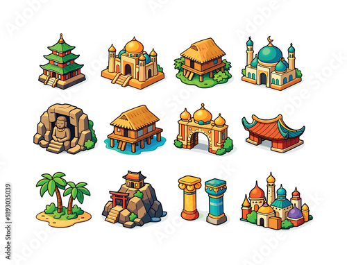 Exotic Architecture Icons. Exotic Architecture. Colorful isometric vector icons set of Exotic Architecture: pagoda temple, desert palace, jungle hut, domed