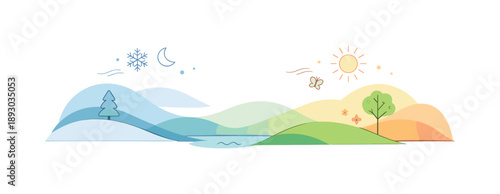 Seasonal Gradient Transition. Minimal gradient season change. A smooth transition from cool winter tones to warm spring colors across abstract landscape