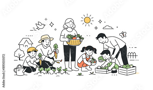 Harvesting Together Joyfully. Community gardening lifestyle. Adults and children harvesting vegetables side by side in a neighborhood garden. A warm,