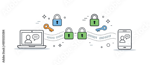 Encrypted Digital Connection. Confidential online communication. Two distant devices connected through encrypted signals, locks and keys floating calmly.