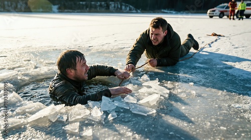 Man helping another man who fell through thin ice on a frozen lake. Ice safety and rescue operation concept for winter fishing danger education.