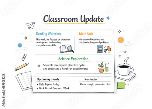 Classroom Newsletter Design. School newsletter design. Creating a classroom update with headlines, text blocks, and small icons, focused and thoughtful