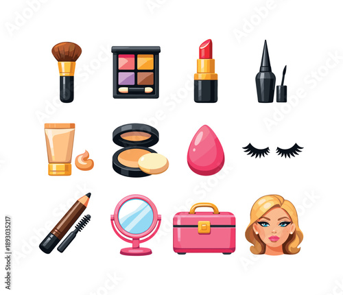 Vibrant Cosmetic Icons. Cosmetic showcase. Colorful flat vector icons set of Cosmetic showcase: premium brush, eyeshadow quad, glossy lipstick,