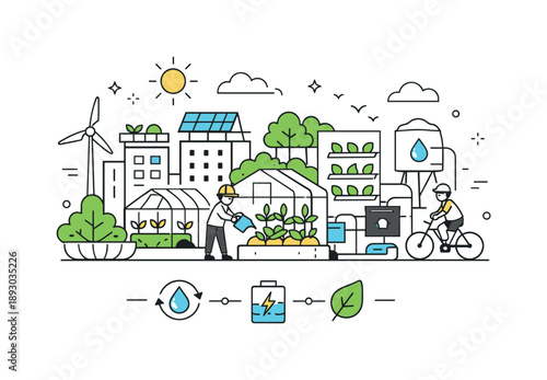 Urban Eco-Friendly Module. Urban self-sustaining ecosystem. A small city module with integrated greenery, energy, and water systems. The illustration suggests