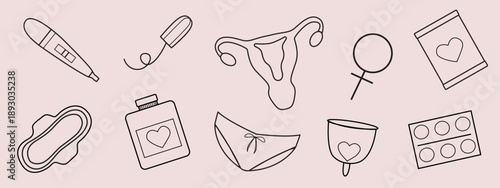 Line set Menstruation in cartoon design. Cute hand drawn elements of woman menstruation period. Vector illustration in black and white. 