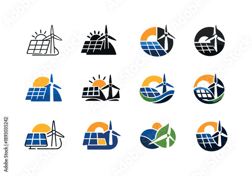 Renewable Energy Logos. Renewable energy sources (solar, wind). Icon set. Set Logo of Renewable energy sources (solar, wind): solar panel and wind turbine
