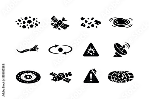Orbital Debris Icons. Orbital Debris Field. Solid icon set of Orbital Debris Field: debris swarm, satellite wreckage, scattered fragments, spinning metal