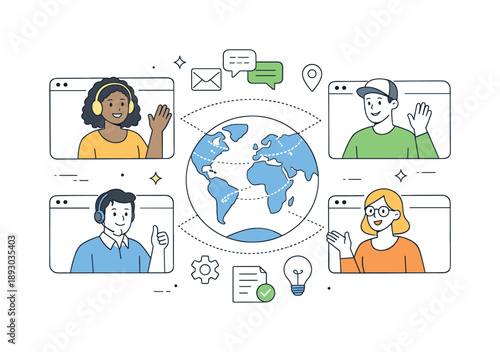 Global Team Collaboration. Remote multicultural team. Team members from different locations connected through video call screens. Global collaboration and