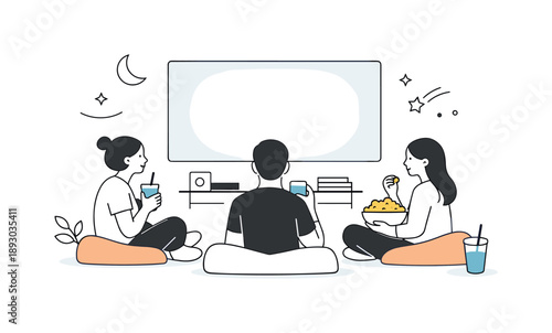 Minimalist Movie Night. Home cinema moment. A minimal scene with people watching a movie in a quiet setting, holding drinks or snacks, softly lit by the screen