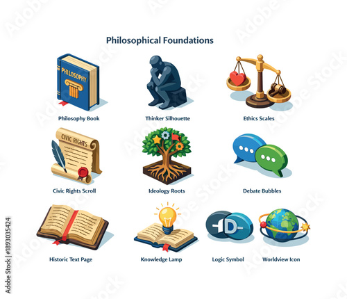 Philosophy Icon Collection. Philosophical Foundations. Colorful isometric vector icons set of Philosophical Foundations: philosophy book, thinker silhouette,