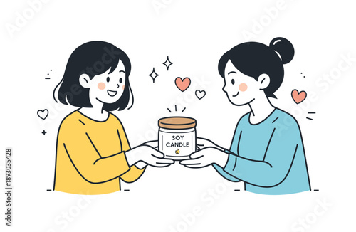 Candle Gift Exchange. Soy wax candles. A person gifting a candle to a friend, warm and thoughtful interaction. Simple gesture of care and comfort, with small