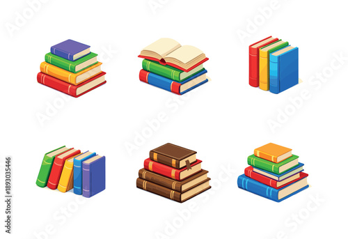 Colorful Book Isometric Grid. Books stack. Isometric flat vector icons set of books stack: colorful hardcover stack, open book on stack, vertical books pile,