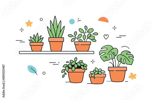 Minimalist Plant Decor. Minimal plant styling. Terracotta pots placed on a shelf or floor, creating a calm interior gardening scene. Soft, friendly mood with