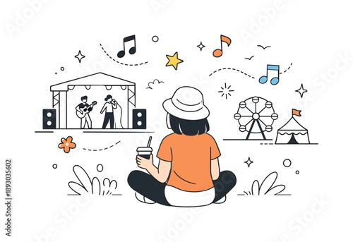 Festival Harmony Celebration. Festival day atmosphere. A calm editorial scene of a visitor enjoying performances, music notes and decorative shapes floating