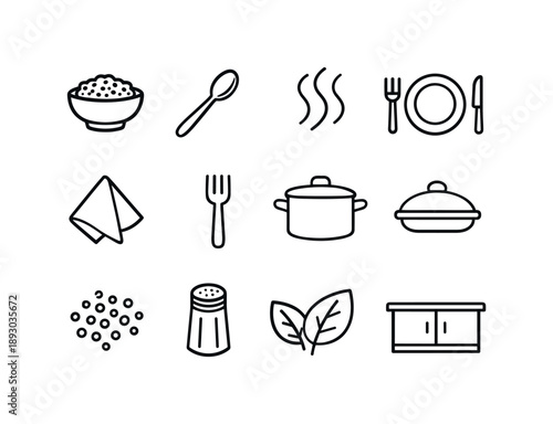 Quinoa Icon Set. Quinoa Side Dish. Line icon set of Quinoa Side Dish: small quinoa bowl, serving spoon, steam lines, plate setting, napkin, fork, cooking pot,