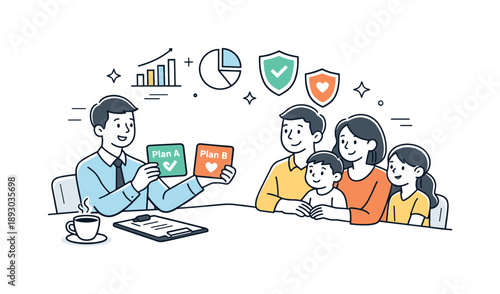Family Insurance Consultation. Discussing insurance plans for the family consultation. A friendly meeting scene with an insurance advisor explaining plan cards