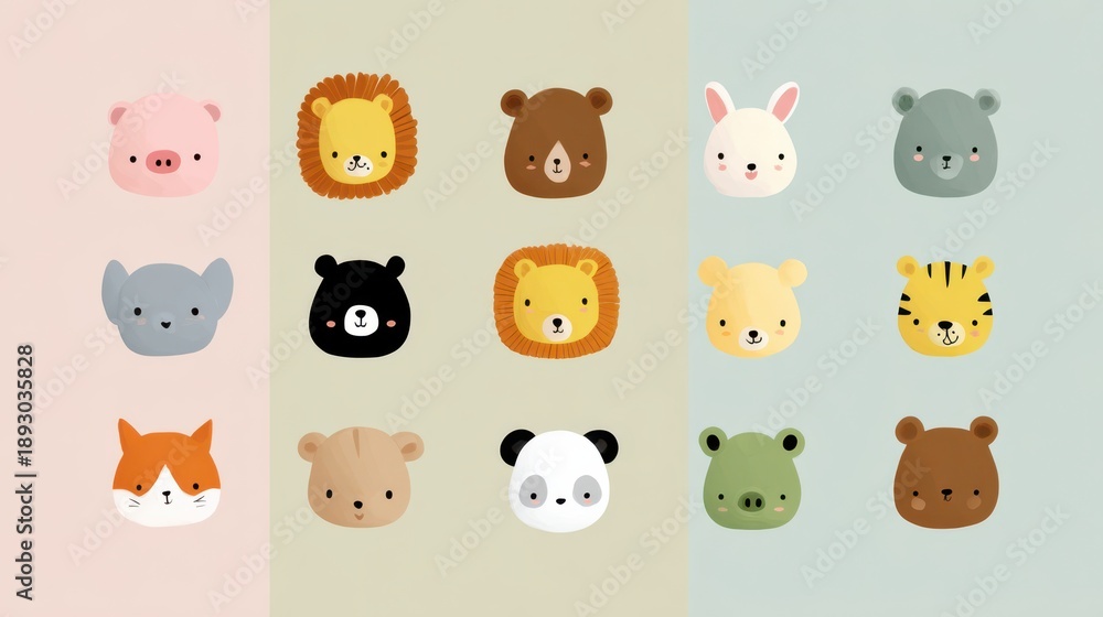 Obraz premium Cute animal faces fill the canvas with vibrant colors and delightful expressions evoking playful memories of childhood