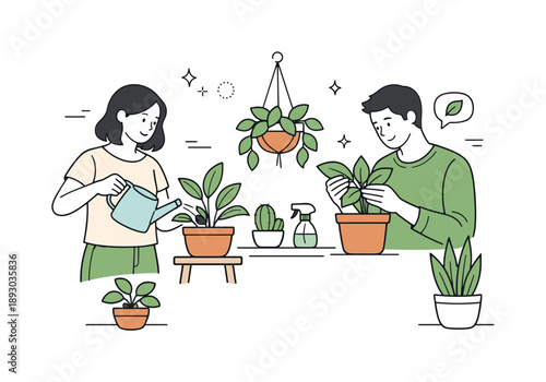 Indoor Plant Care. Indoor gardening people. Two people caring for houseplants together, one watering while the other checks leaves, showing calm collaboration